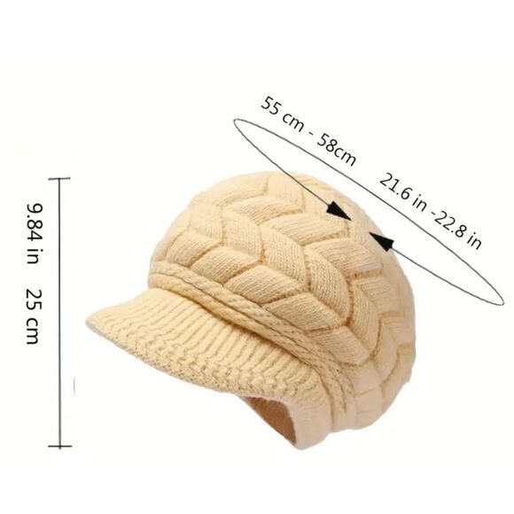 Burgundy Braided Knit Beanie With Visor Brim Warm Winter Hat - Picture 7 of 7